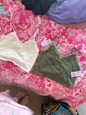 Wild Fable Lace-Trim Ribbed Cami Tank - Olive Green and Cream